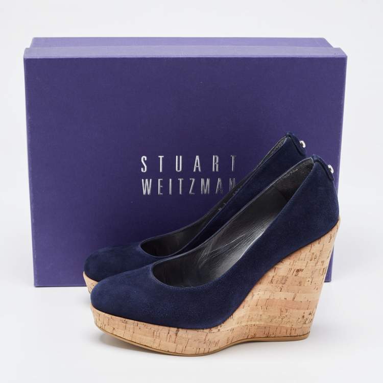 Pre Owned Stuart Weitzman Navy Blue Suede Corkswoon Wedge Pumps Size 37