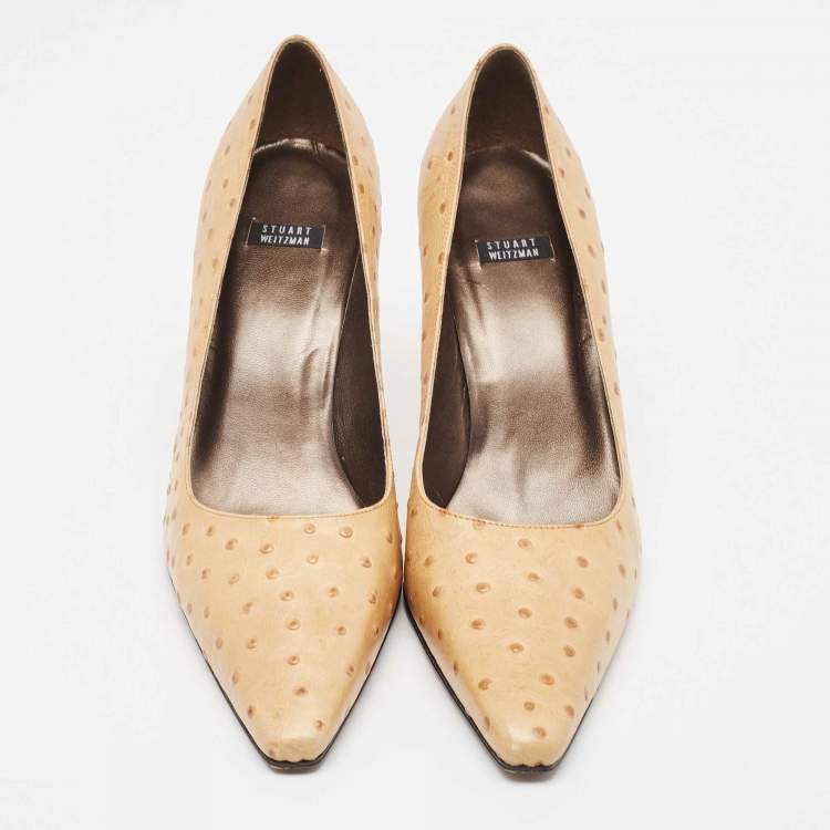 Pre Owned Stuart Weitzman Beige  Ostrich Leather Pointed Toe Pumps Size 40.5