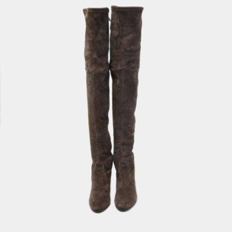 Pre Owned Stuart Weitzman Grey Suede Knee Length Boots Size 37.5
