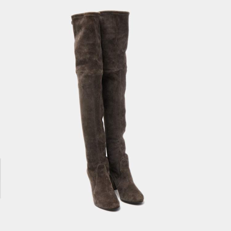 Pre Owned Stuart Weitzman Grey Suede Knee Length Boots Size 37.5