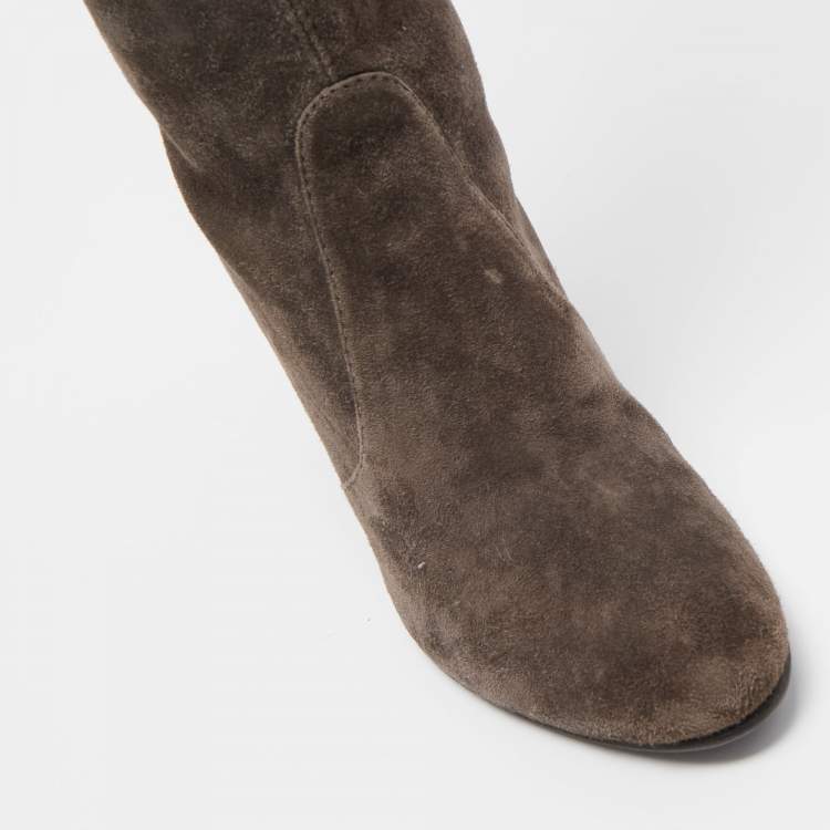 Pre Owned Stuart Weitzman Grey Suede Knee Length Boots Size 37.5