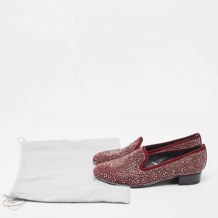 Pre Owned Stuart Weitzman Burgundy Suede Crystal Embellished Studded Smoking Slippers Size 37.5
