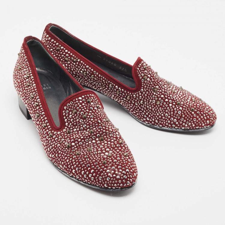 Pre Owned Stuart Weitzman Burgundy Suede Crystal Embellished Studded Smoking Slippers Size 37.5