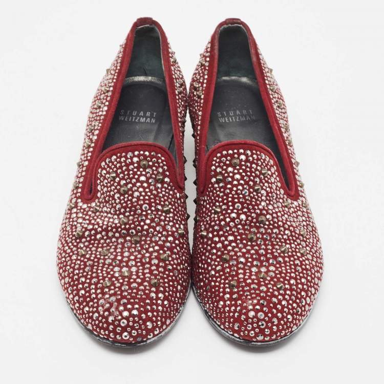 Pre Owned Stuart Weitzman Burgundy Suede Crystal Embellished Studded Smoking Slippers Size 37.5