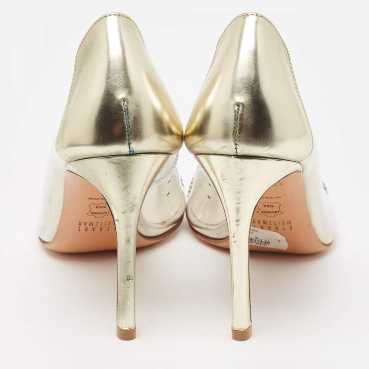 Pre Owned Stuart Weitzman Gold Leather and PVC Crystal Embellished Open Toe Pumps Size 38.5