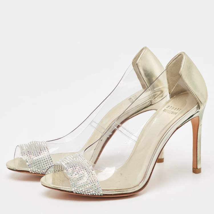 Pre Owned Stuart Weitzman Gold Leather and PVC Crystal Embellished Open Toe Pumps Size 38.5
