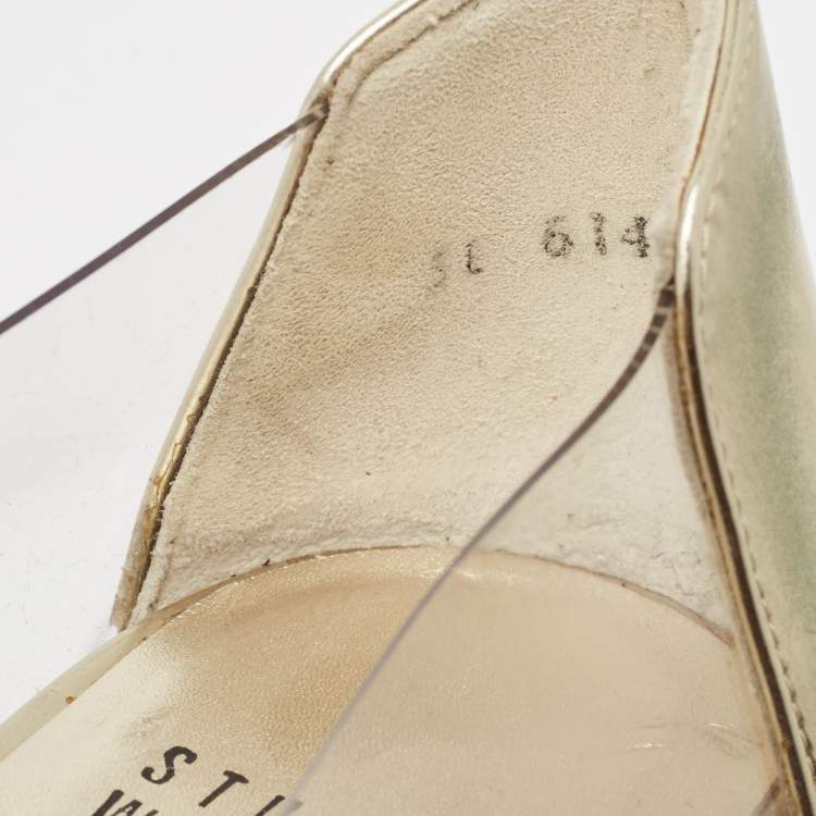 Pre Owned Stuart Weitzman Gold Leather and PVC Crystal Embellished Open Toe Pumps Size 38.5
