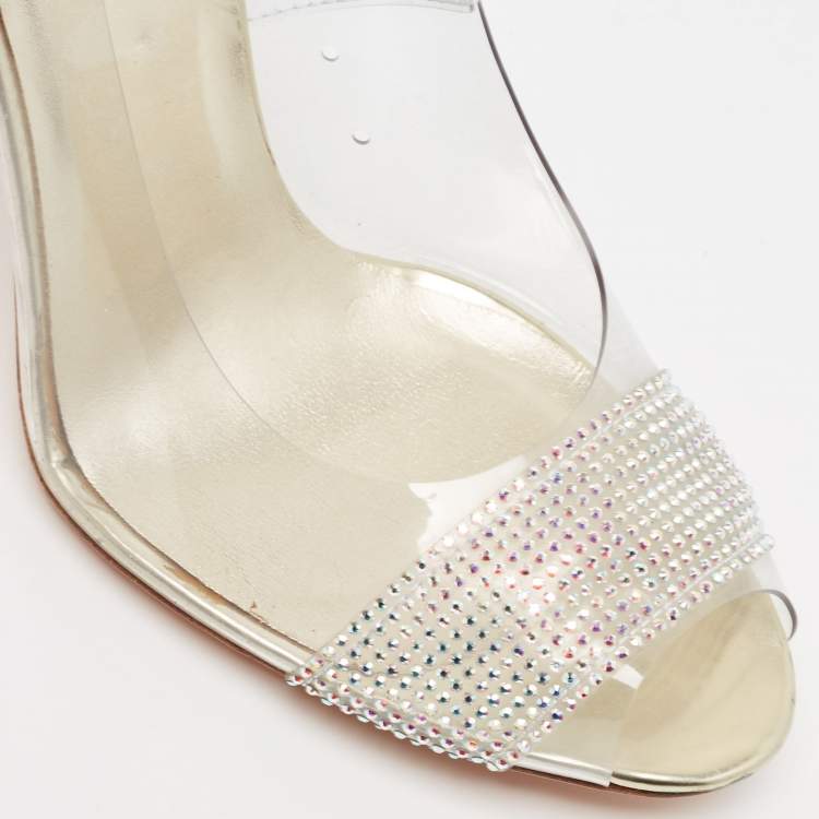 Pre Owned Stuart Weitzman Gold Leather and PVC Crystal Embellished Open Toe Pumps Size 38.5