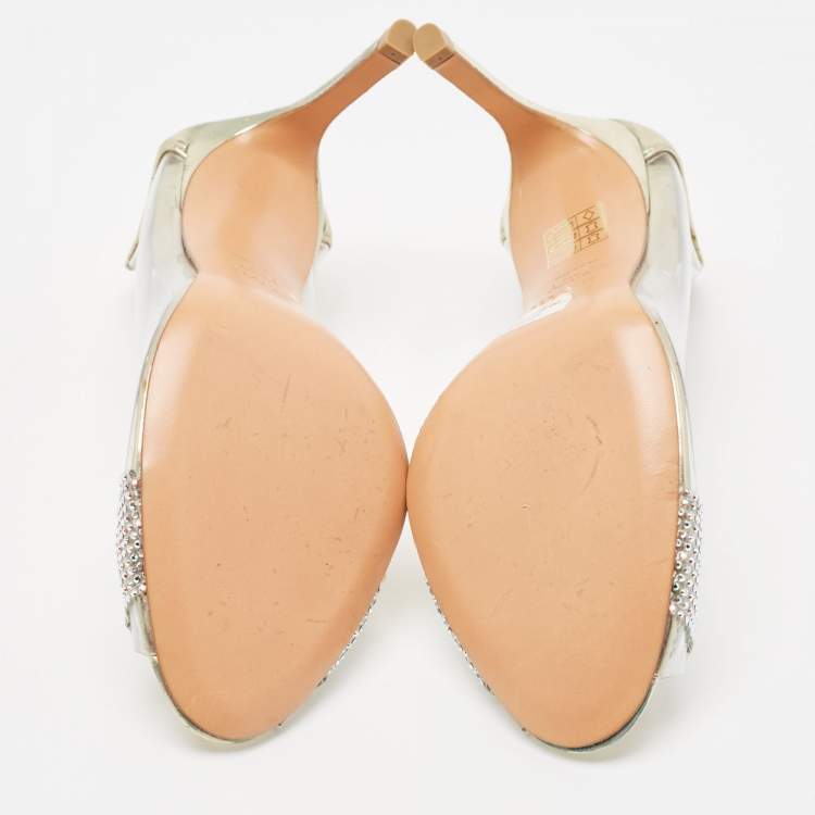 Pre Owned Stuart Weitzman Gold Leather and PVC Crystal Embellished Open Toe Pumps Size 38.5