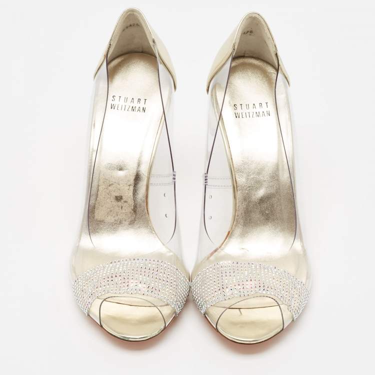 Pre Owned Stuart Weitzman Gold Leather and PVC Crystal Embellished Open Toe Pumps Size 38.5