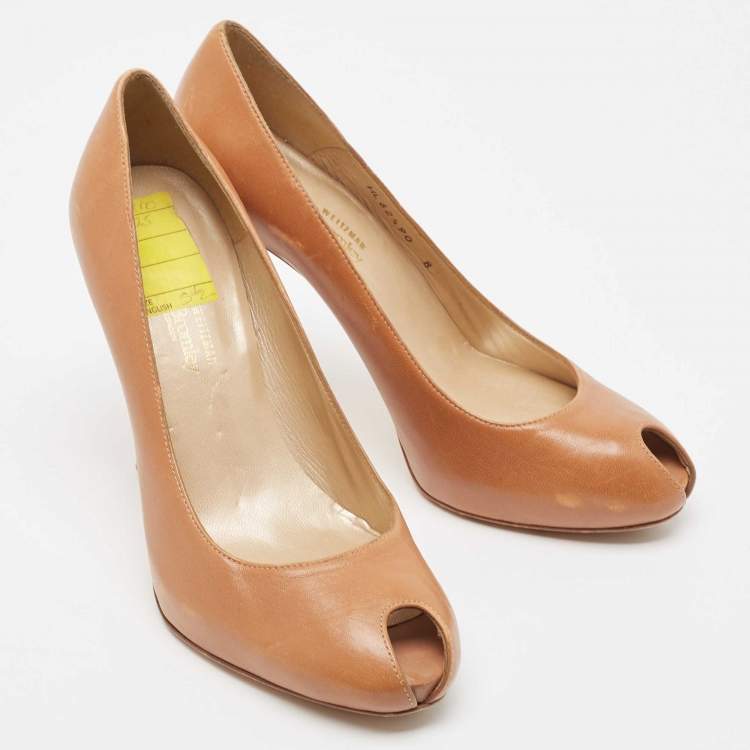 Pre Owned Stuart Weitzman Brown Leather Peep Toe Pumps Size 38.5