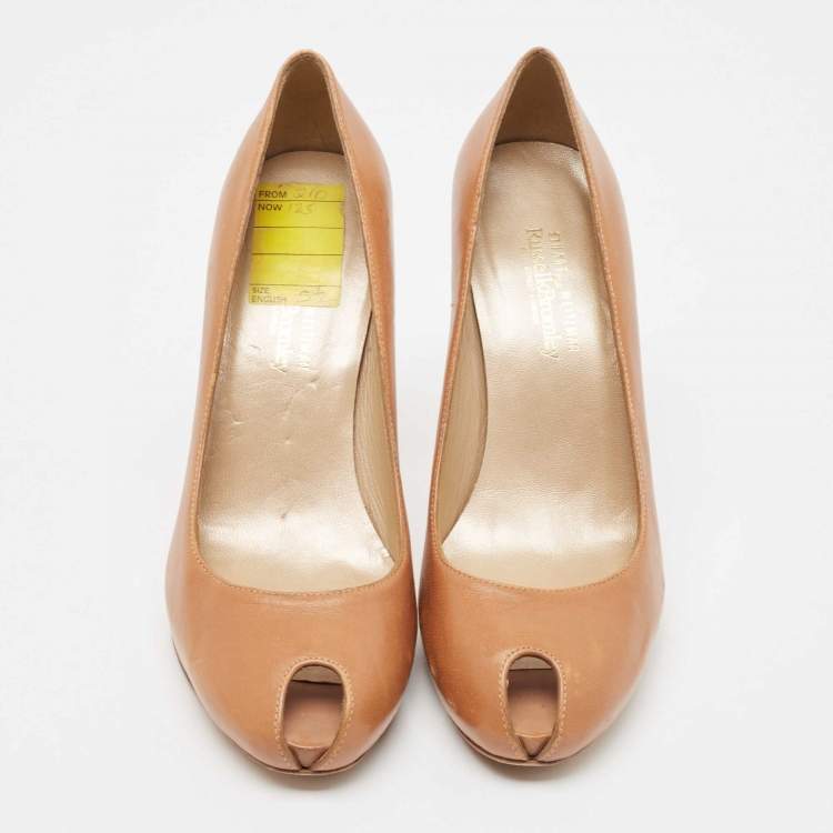 Pre Owned Stuart Weitzman Brown Leather Peep Toe Pumps Size 38.5