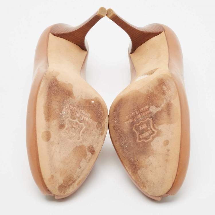 Pre Owned Stuart Weitzman Brown Leather Peep Toe Pumps Size 38.5