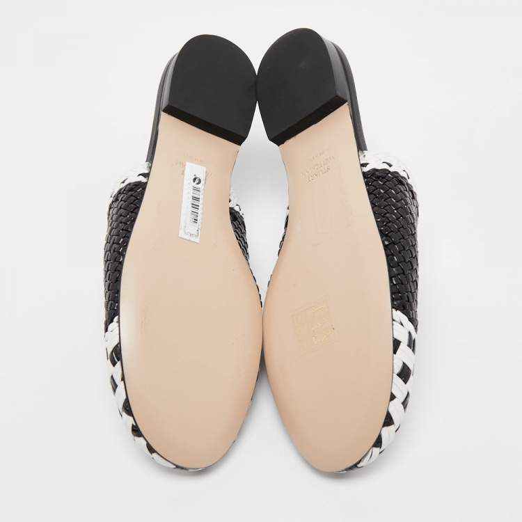 Pre Owned Stuart Weitzman Black/White Woven Leather Indiana Flat Mules Size 35