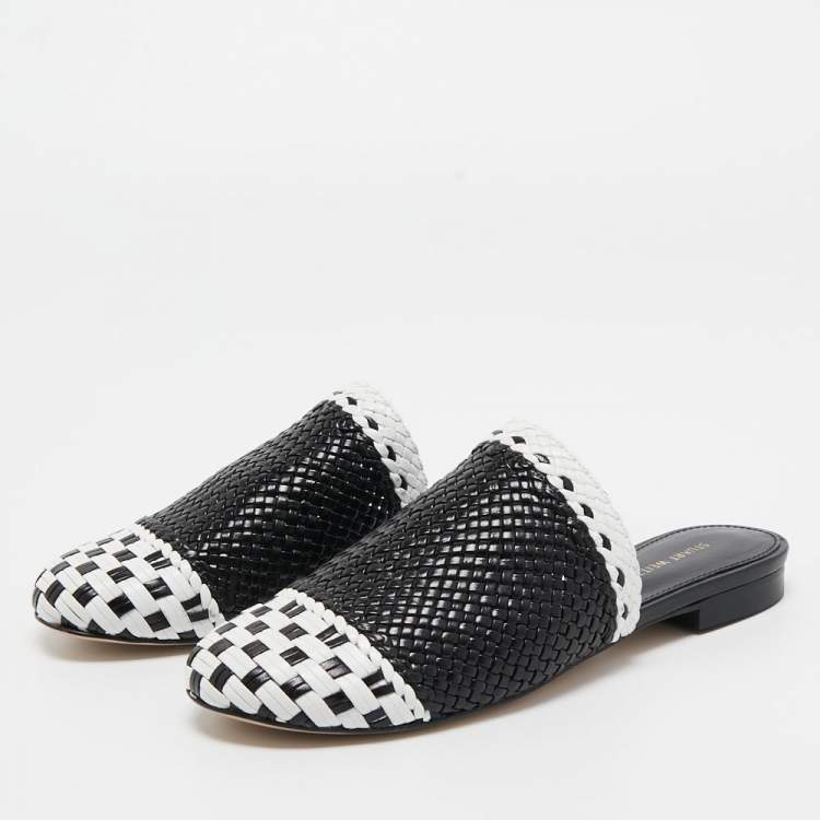 Pre Owned Stuart Weitzman Black/White Woven Leather Indiana Flat Mules Size 35