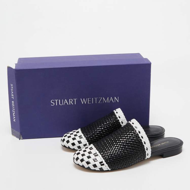 Pre Owned Stuart Weitzman Black/White Woven Leather Indiana Flat Mules Size 35