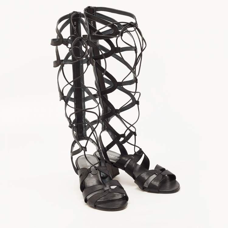 Pre Owned Stuart Weitzman Black Leather Grecian Gladiator Sandals Size 40