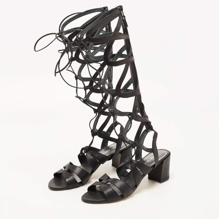 Pre Owned Stuart Weitzman Black Leather Grecian Gladiator Sandals Size 40