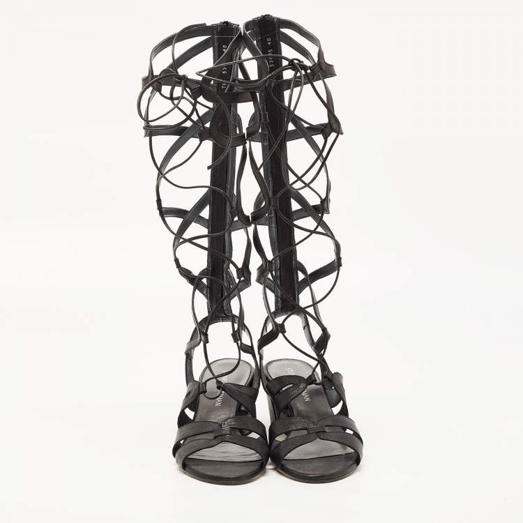 Pre Owned Stuart Weitzman Black Leather Grecian Gladiator Sandals Size 36