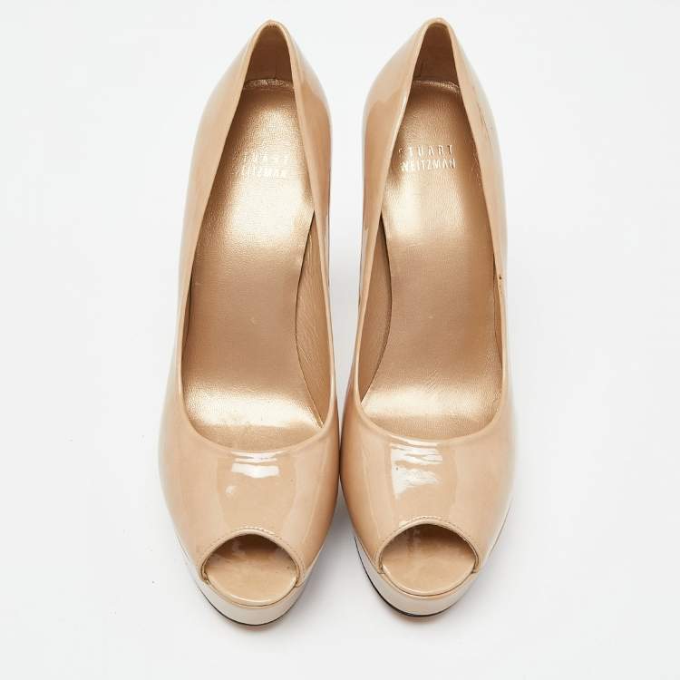 Pre Owned Stuart Weitzman Beige Patent Leather Peep Toe Platform Pumps Size 39.5