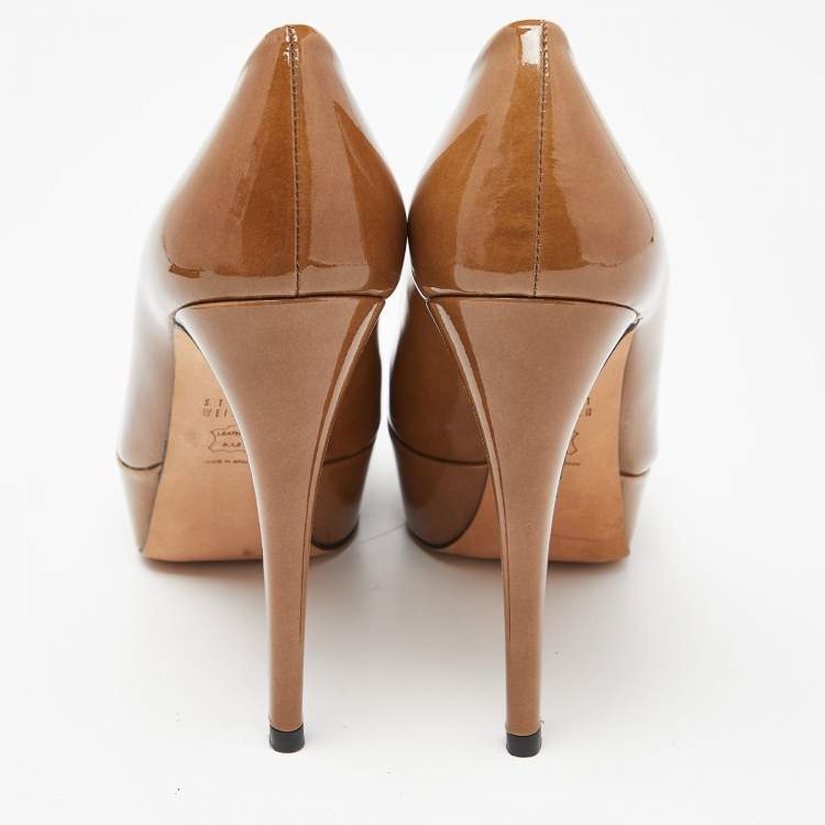 Pre Owned Stuart Weitzman Brown Patent Leather Peep Toe Platform Pumps Size 39.5