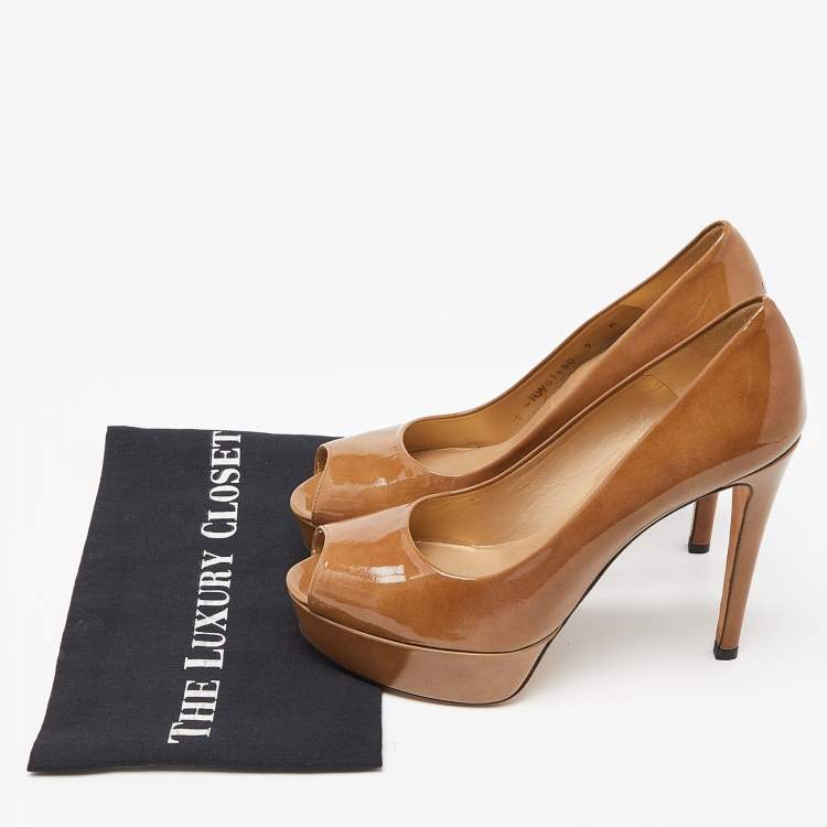 Pre Owned Stuart Weitzman Brown Patent Leather Peep Toe Platform Pumps Size 39.5
