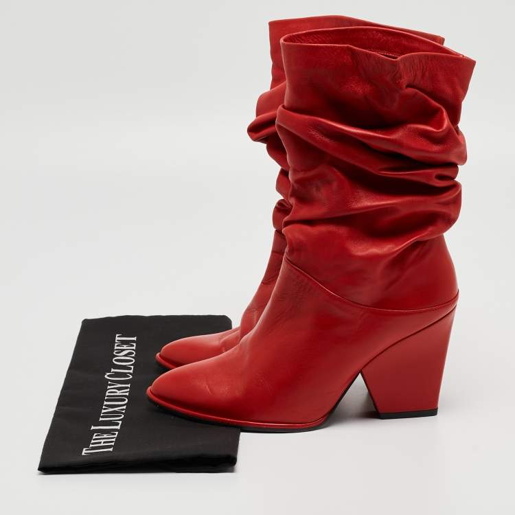 Pre Owned Stuart Weitzman Red Leather Slouch Block Heel Ankle Length Boots Size 36.5