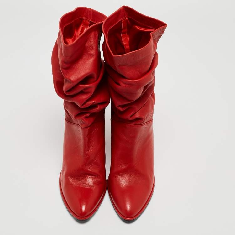 Pre Owned Stuart Weitzman Red Leather Slouch Block Heel Ankle Length Boots Size 36.5