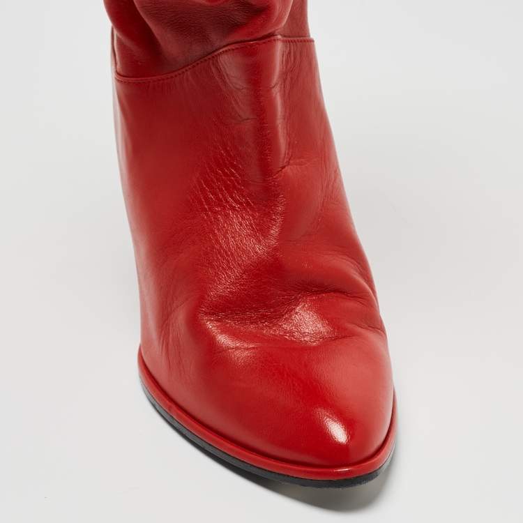 Pre Owned Stuart Weitzman Red Leather Slouch Block Heel Ankle Length Boots Size 36.5