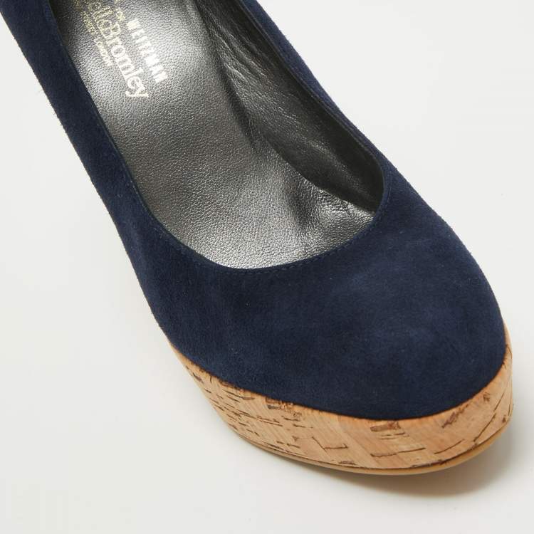 Pre Owned Stuart Weitzman x Russell Bromley Navy Blue Suede Corkswoon Wedge Pumps Size 35.5