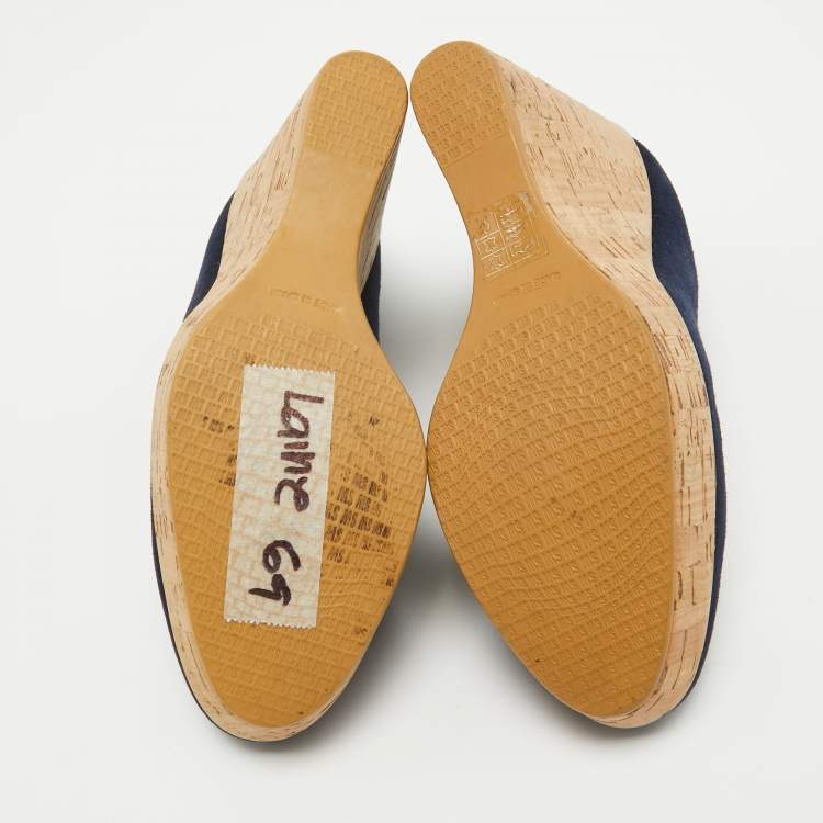 Pre Owned Stuart Weitzman x Russell Bromley Navy Blue Suede Corkswoon Wedge Pumps Size 35.5