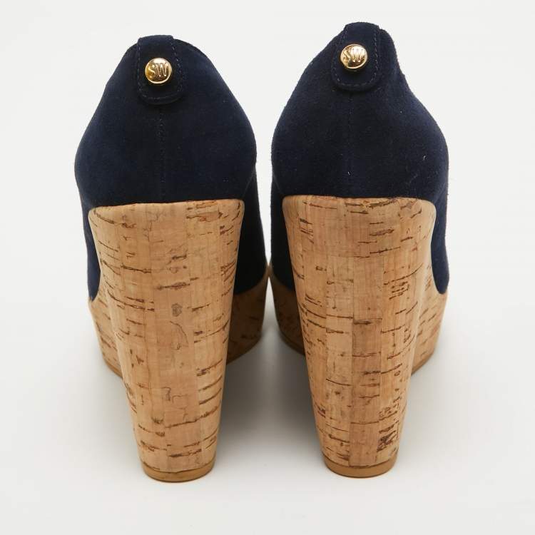 Pre Owned Stuart Weitzman x Russell Bromley Navy Blue Suede Corkswoon Wedge Pumps Size 35.5