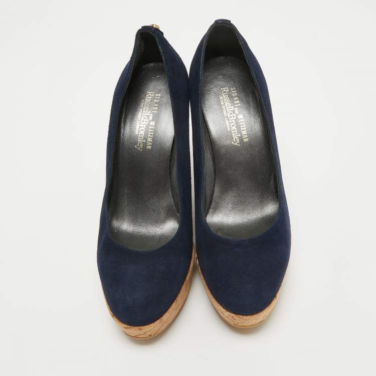 Pre Owned Stuart Weitzman x Russell Bromley Navy Blue Suede Corkswoon Wedge Pumps Size 35.5