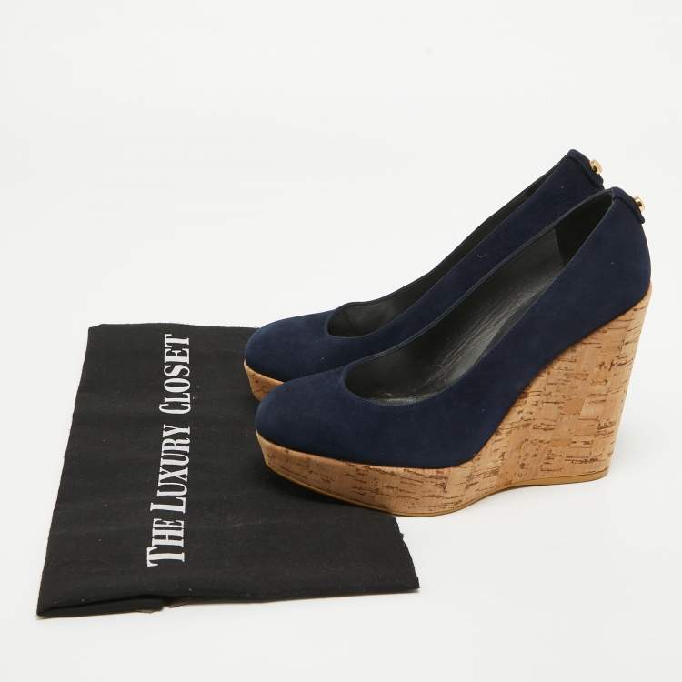 Pre Owned Stuart Weitzman x Russell Bromley Navy Blue Suede Corkswoon Wedge Pumps Size 35.5