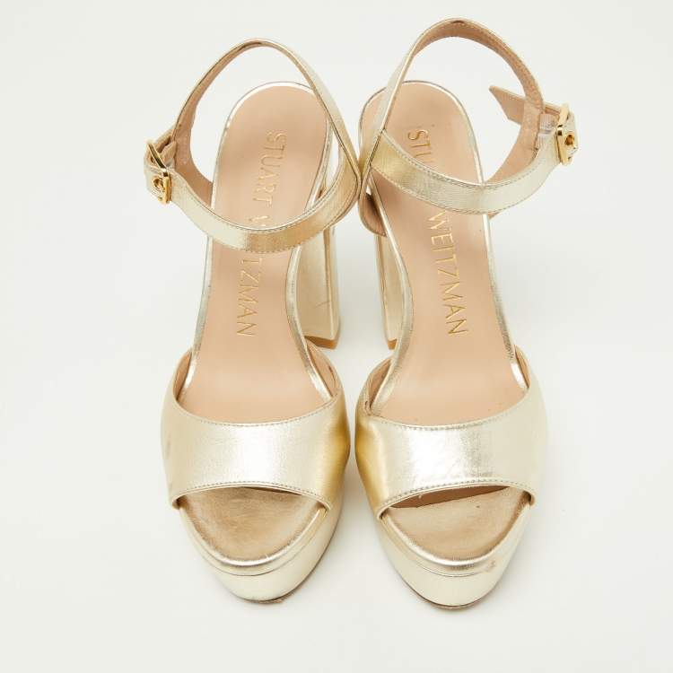 Pre Owned Stuart Weitzman Gold Leather Ankle Strap Platform Sandals Size 36.5