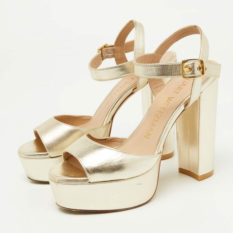 Stuart Weitzman Gold Leather Ankle Strap Platform Sandals Size