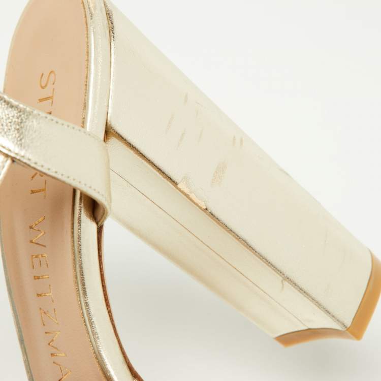 Pre Owned Stuart Weitzman Gold Leather Ankle Strap Platform Sandals Size 36.5