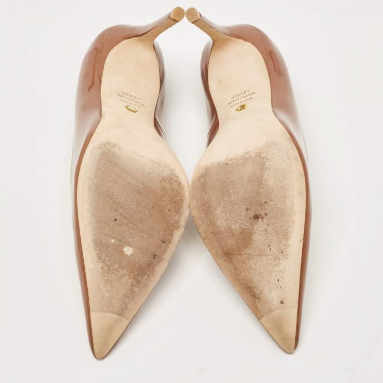 Pre Owned Stuart Weitzman Beige Patent Pointed Toe Pumps Size 38.5