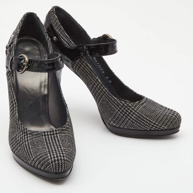 Pre Owned Stuart Weitzman Black/Grey Patent Leather and Plaid Wool Marianne Pumps Size 38