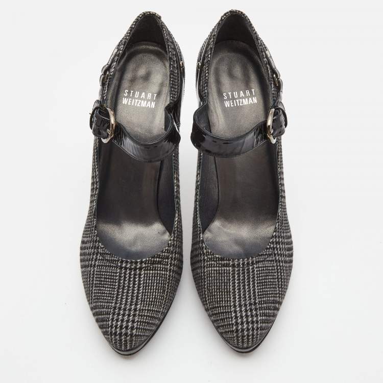 Pre Owned Stuart Weitzman Black/Grey Patent Leather and Plaid Wool Marianne Pumps Size 38