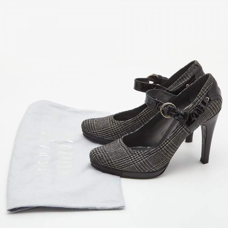 Pre Owned Stuart Weitzman Black/Grey Patent Leather and Plaid Wool Marianne Pumps Size 38