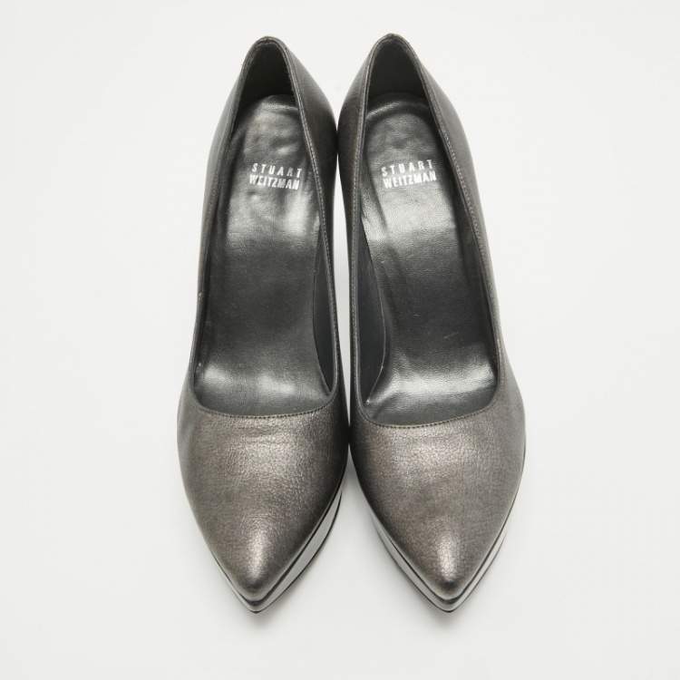 Pre Owned Stuart Weitzman Metallic Grey Leather Platform Pumps Size 38