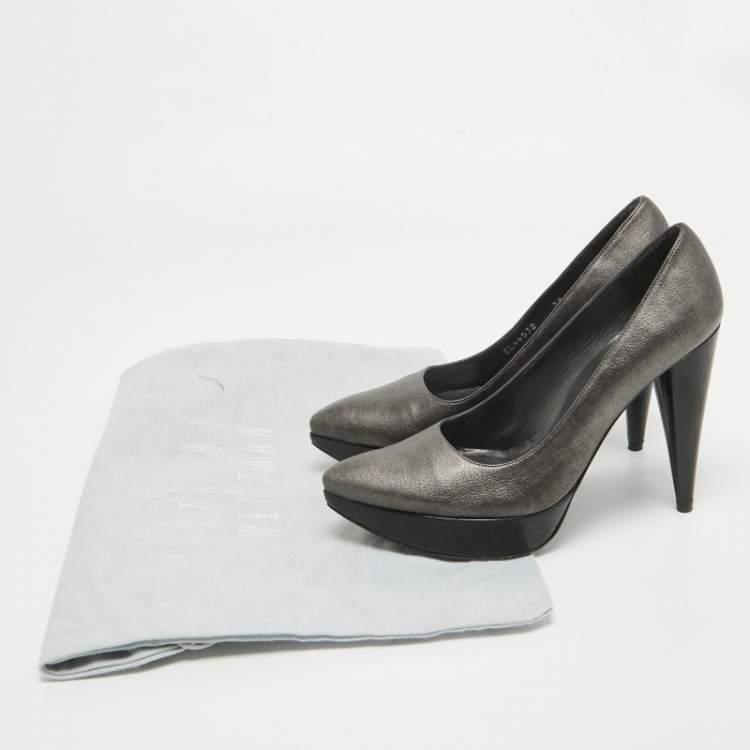 Pre Owned Stuart Weitzman Metallic Grey Leather Platform Pumps Size 38