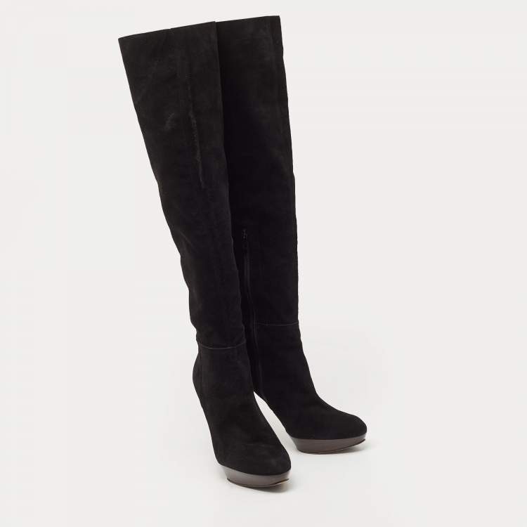 Pre Owned Stuart Weitzman Black Suede Ledyland Knee Length Boots Size 38.5