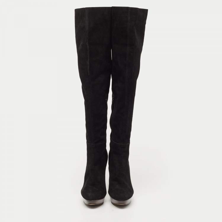 Pre Owned Stuart Weitzman Black Suede Ledyland Knee Length Boots Size 38.5