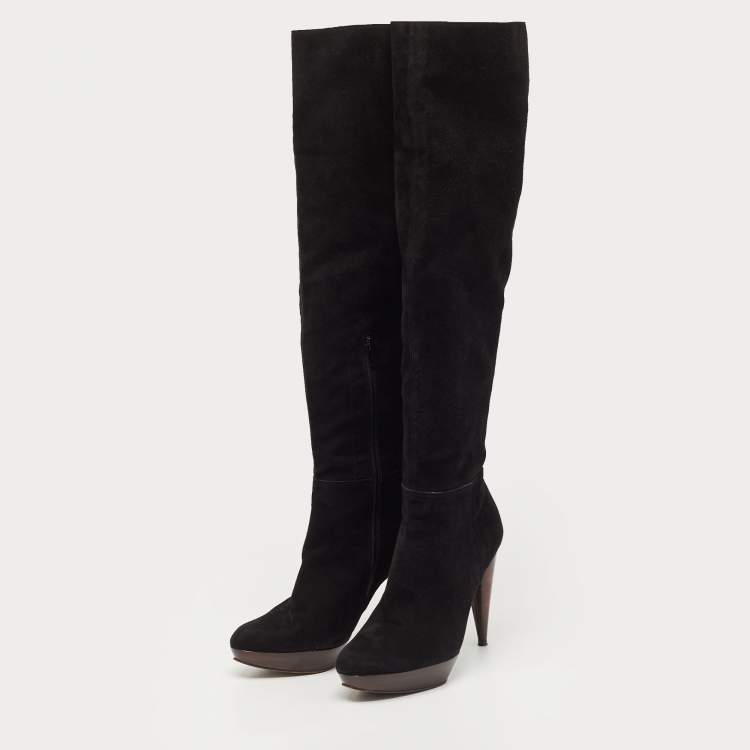 Pre Owned Stuart Weitzman Black Suede Ledyland Knee Length Boots Size 38.5