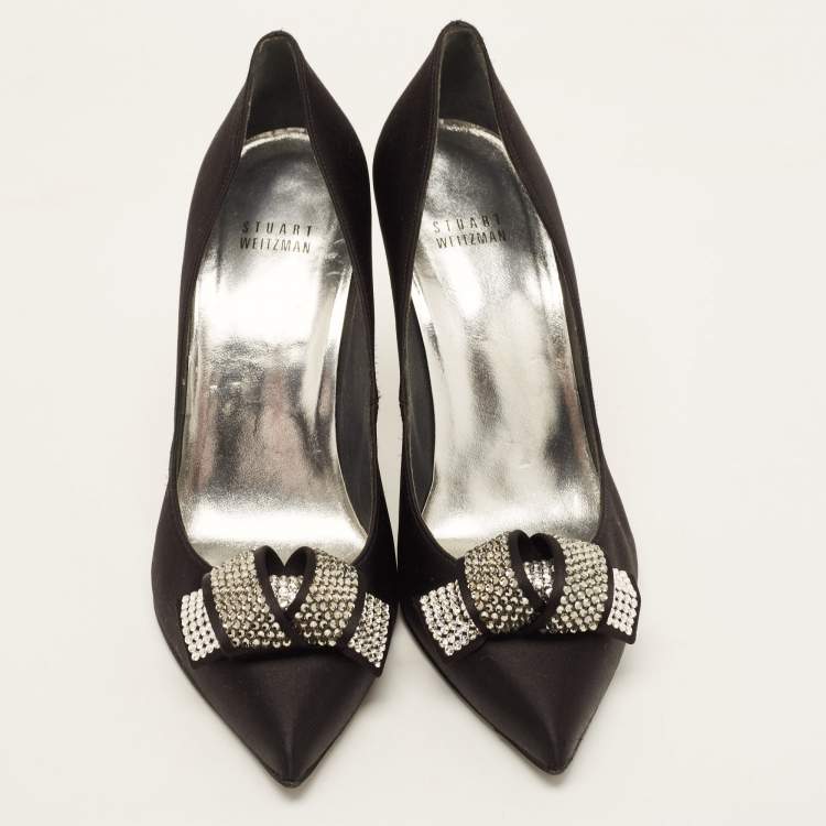 Pre Owned Stuart Weitzman Black Satin Crystal Embellished Bow Pointed Toe Pumps Size 39