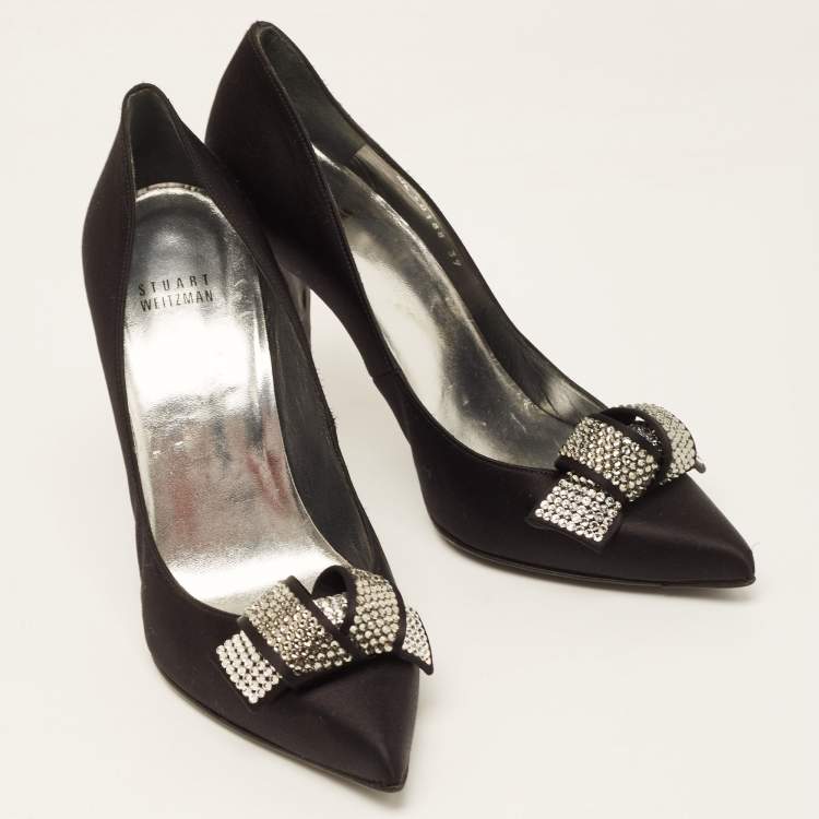 Pre Owned Stuart Weitzman Black Satin Crystal Embellished Bow Pointed Toe Pumps Size 39