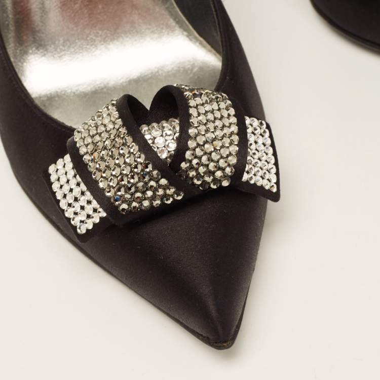 Pre Owned Stuart Weitzman Black Satin Crystal Embellished Bow Pointed Toe Pumps Size 39