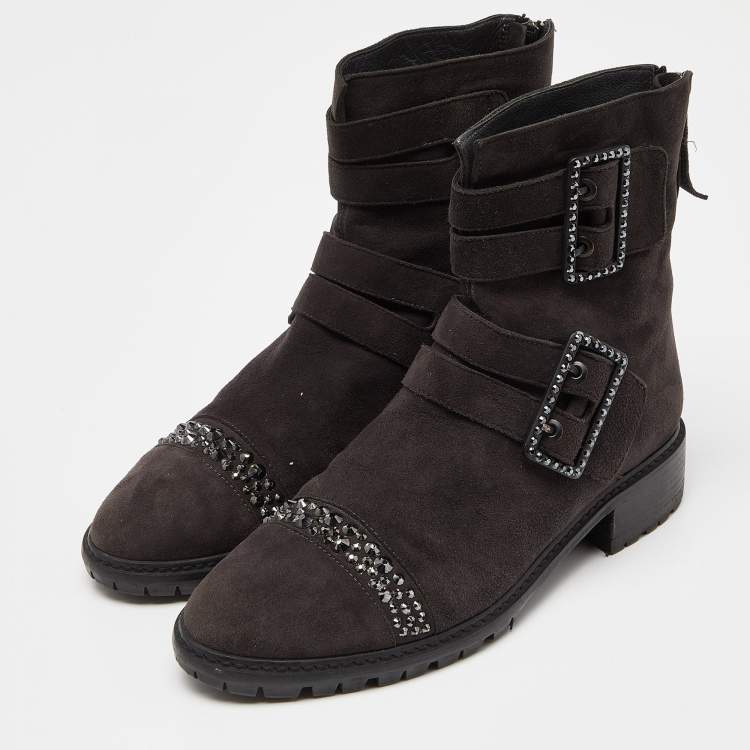 Pre Owned Stuart Weitzman Black Suede Crystal Embellished Ankle Length Boots Size 37.5